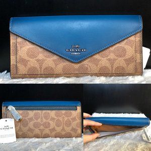 NEW Coach Slim Envelope Wallet Colorblock Signature Canvas Leather in Tan Dark
